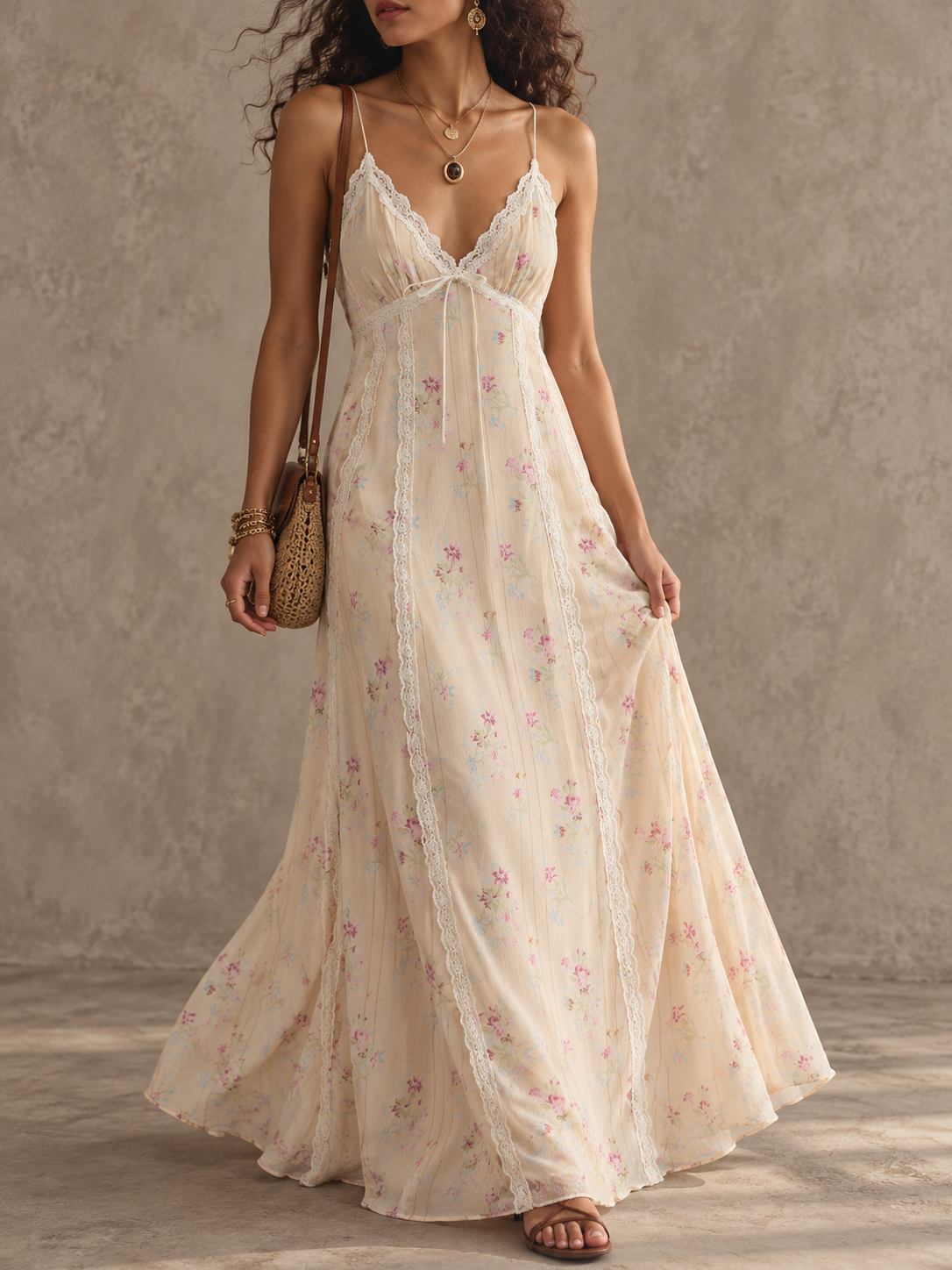 Cream Embroidered V-Neck Maxi Dress