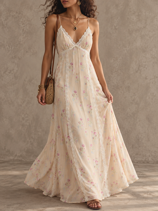 Cream Embroidered V-Neck Maxi Dress