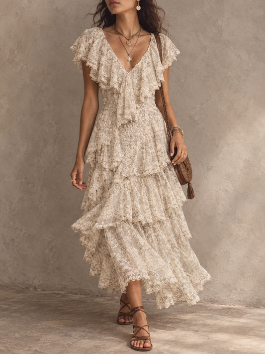 Cream Lace Ruffle Tiered Maxi Dress