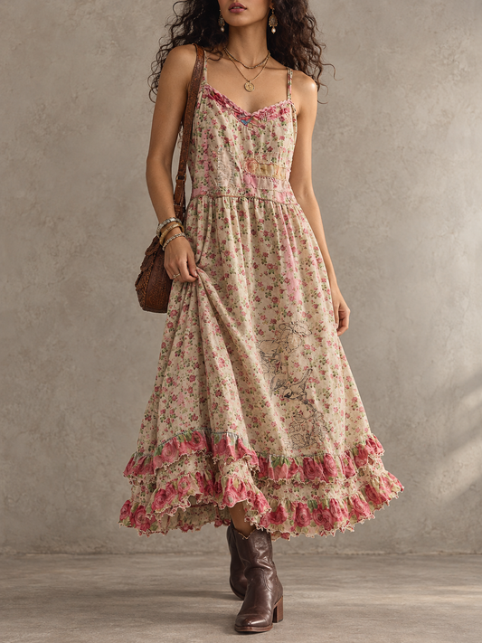 Pink Floral Print Ruffle Midi Dress