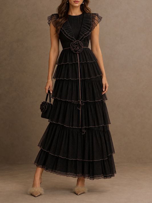 Black Sheer Tiered Ruffle Maxi Dress