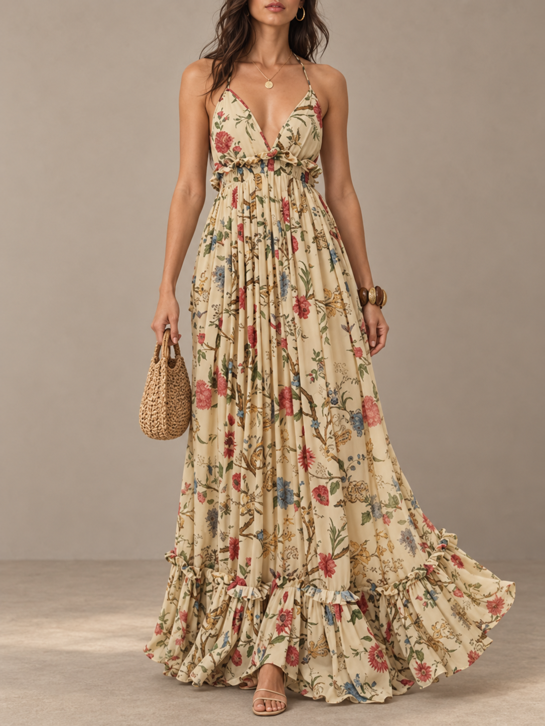 Cream Floral Print Ruffle Maxi Dress