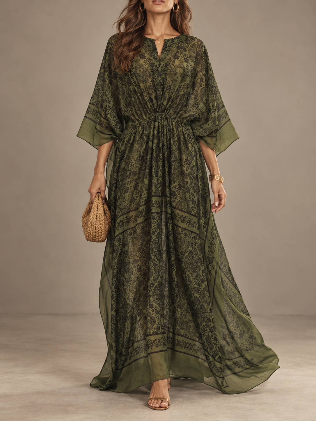 Olive Floral Print Sheer Maxi Dress