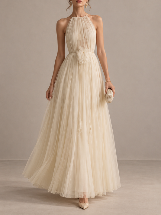Cream Pleated Halter Maxi Dress