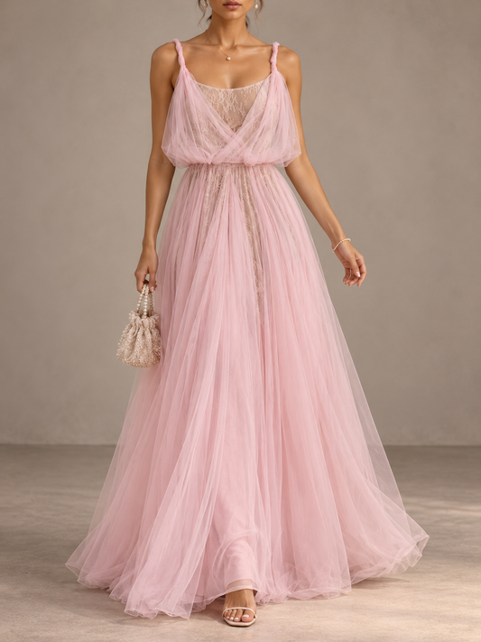 Pink Tulle Draped Maxi Dress