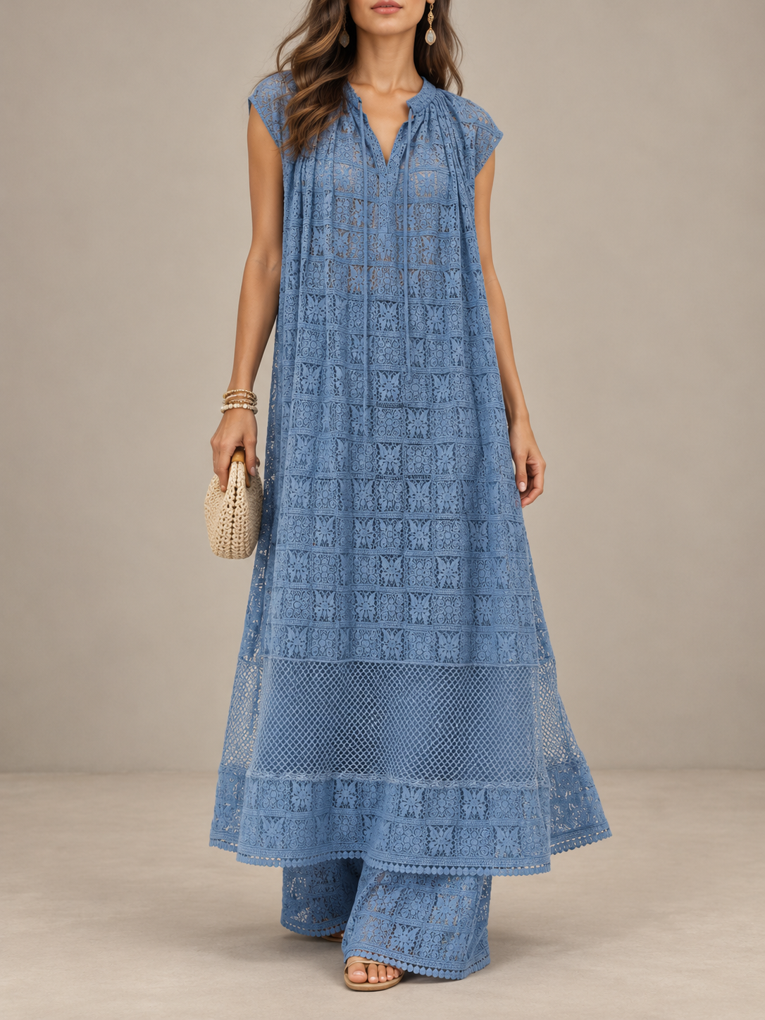 Blue Lace Sleeveless Maxi Dress