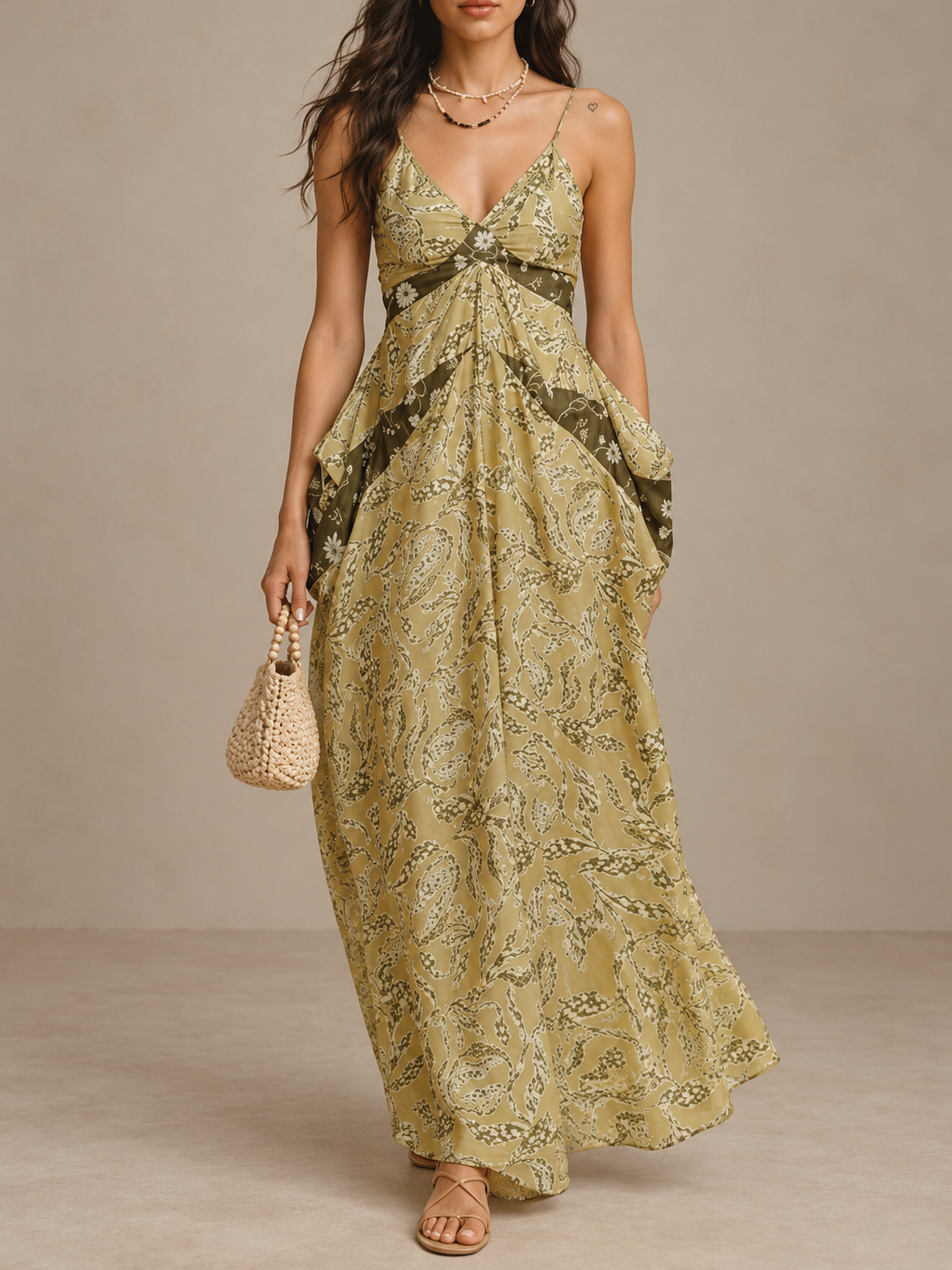 Green Paisley Tie Front Maxi Dress