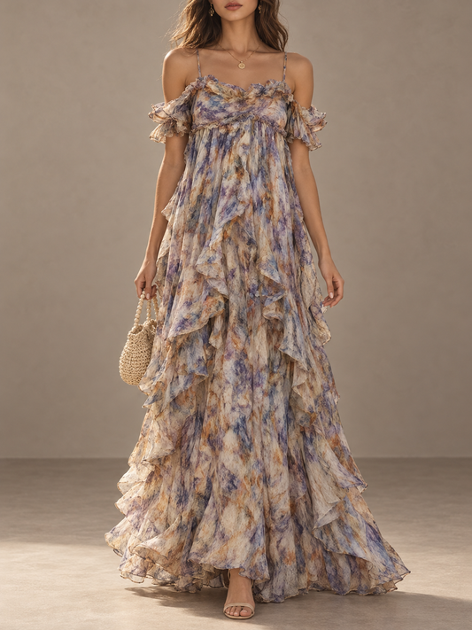 Multicolor Floral Print Ruffle Maxi Dress