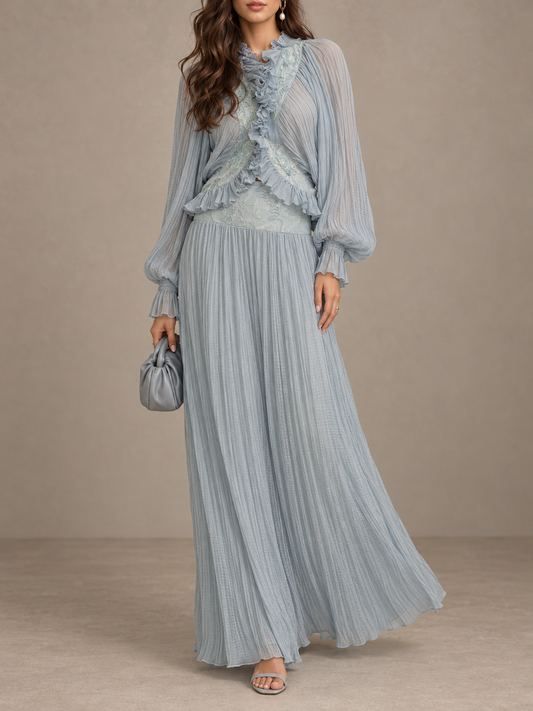 LightBlue Sheer Ruffle Long Sleeve Maxi Dress