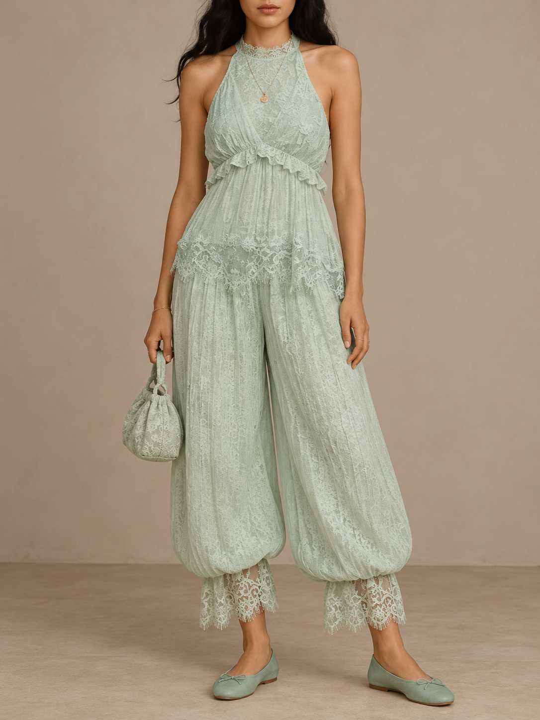 Sage Green Lace Halter Wide Leg Pants Set