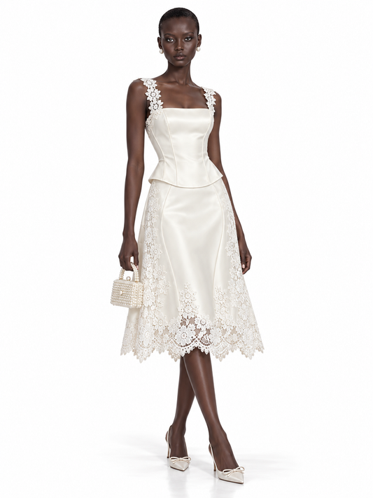 Cream Lace Trim Midi Dress