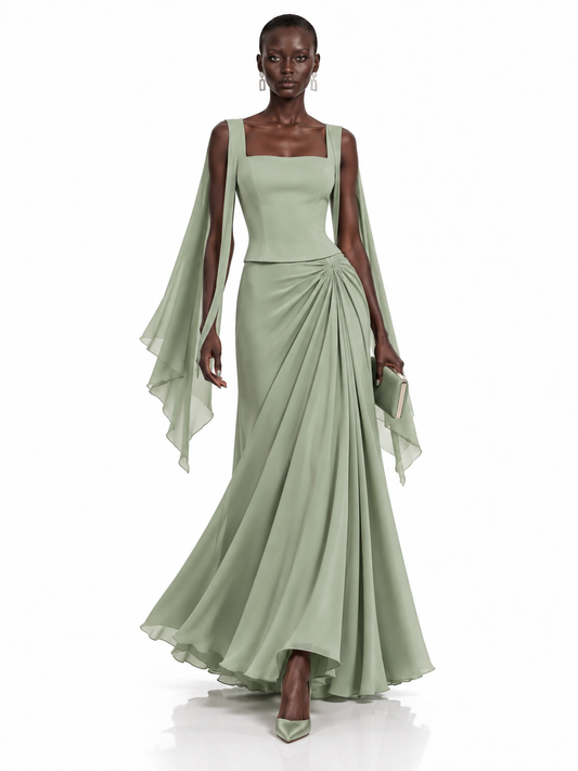 Sage Green Satin Draped Maxi Dress