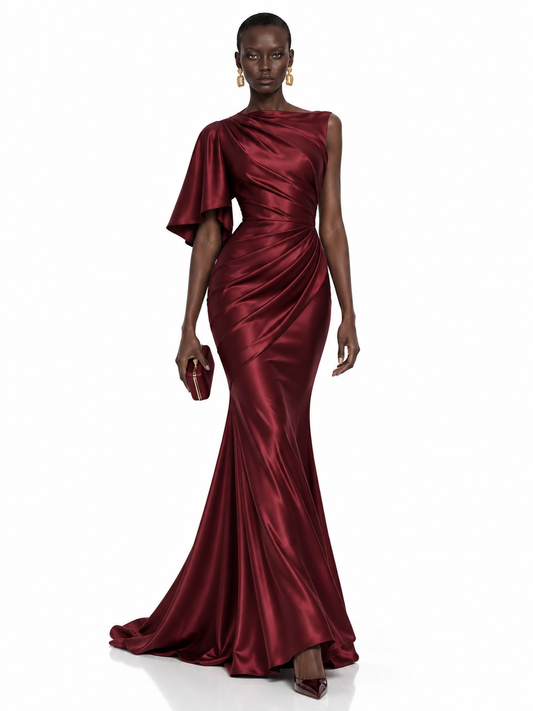 Burgundy Satin One Shoulder Mermaid Maxi Dress