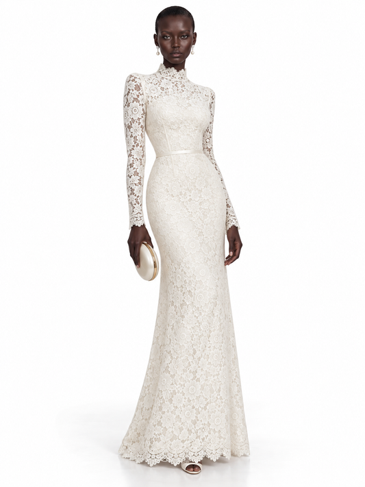 Cream Lace High Neck Mermaid Maxi Dress