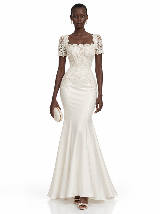 Cream Lace Short Sleeve Mermaid Maxi Dress