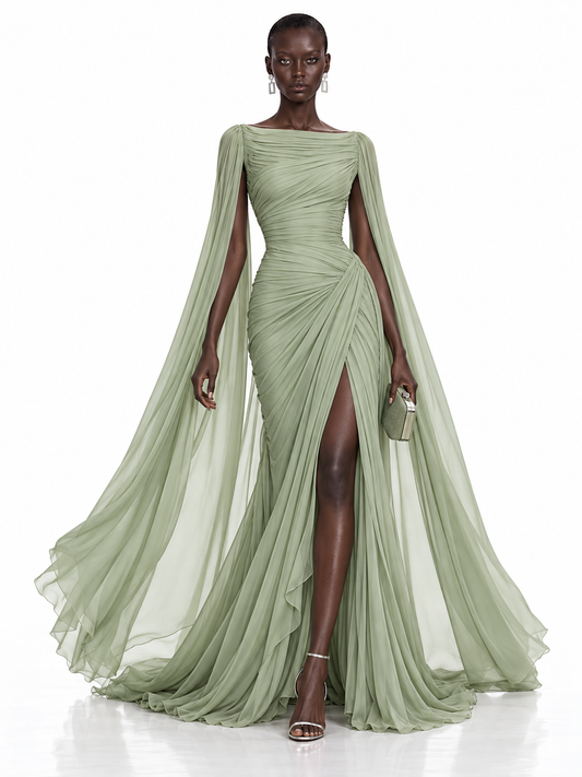 Sage Green Sheer Cape High Slit Maxi Dress