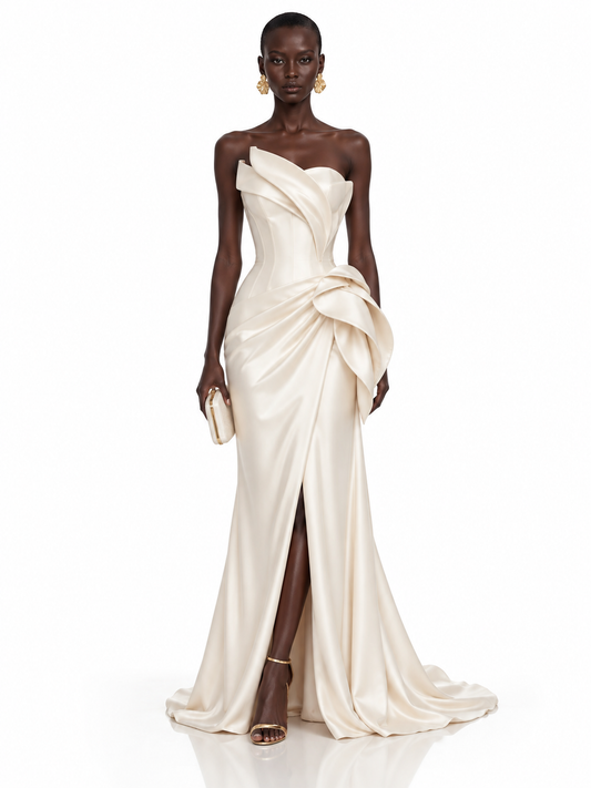 Cream Satin Strapless Draped Mermaid Maxi Dress