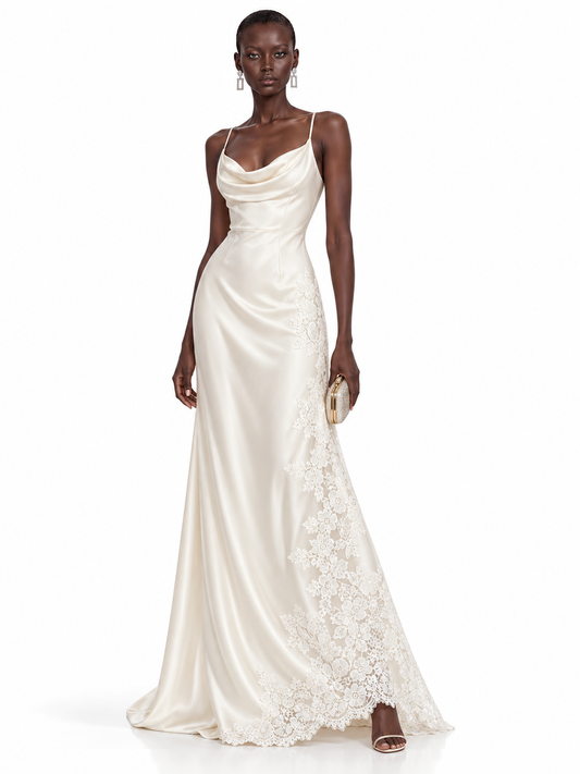 Cream Satin Lace Trim Cowl Neck Maxi Dress