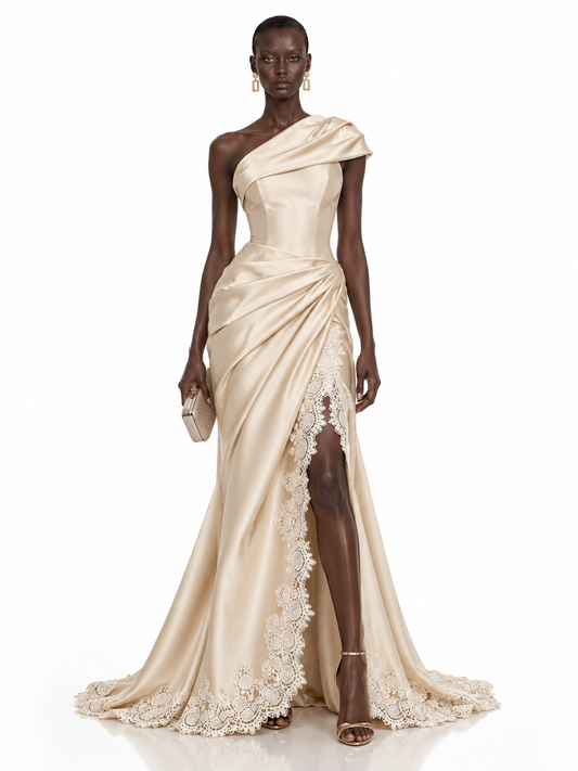 Champagne Satin One Shoulder Lace Trim Maxi Dress