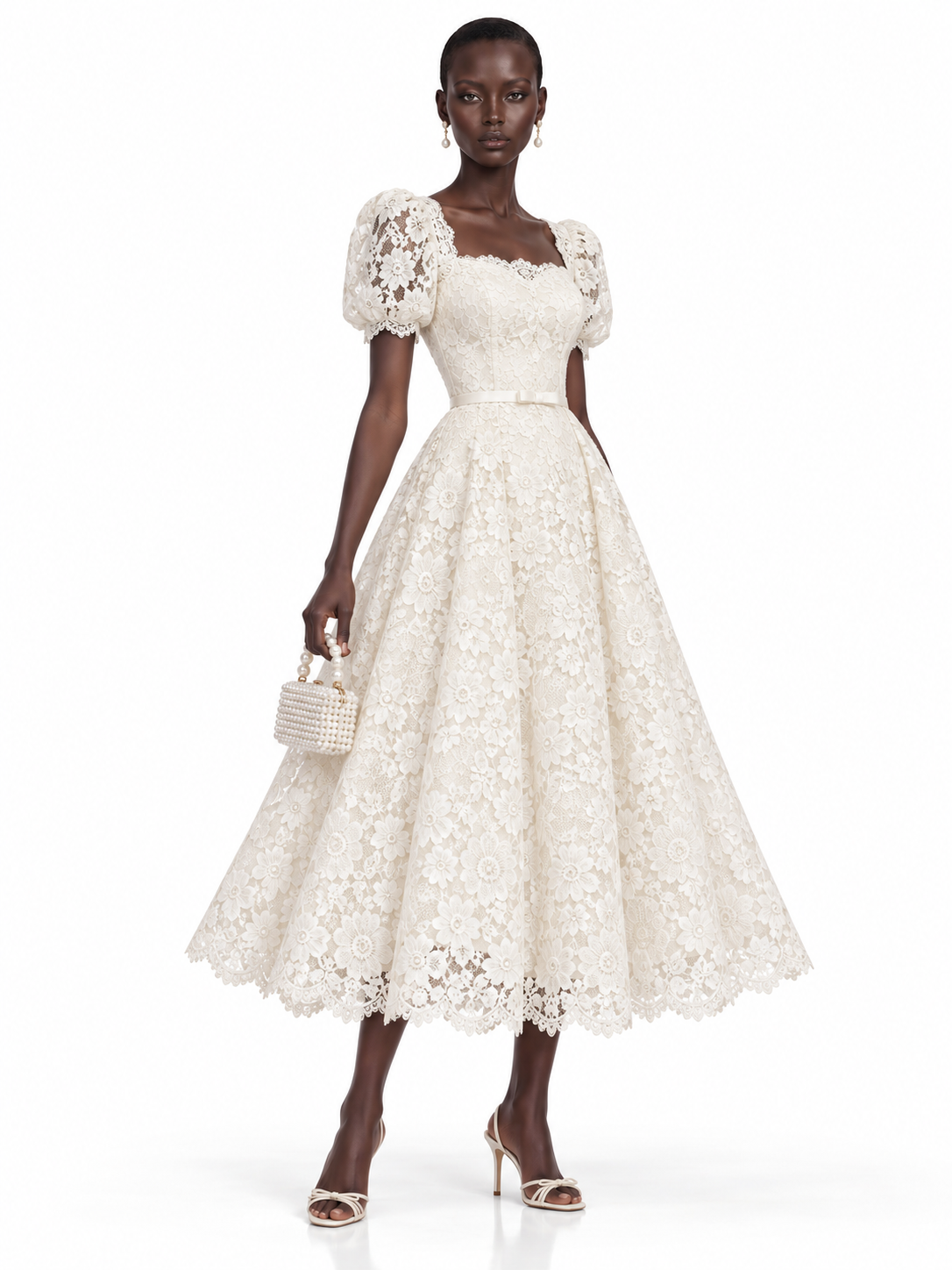 Cream Lace Short Sleeve Midi Dress