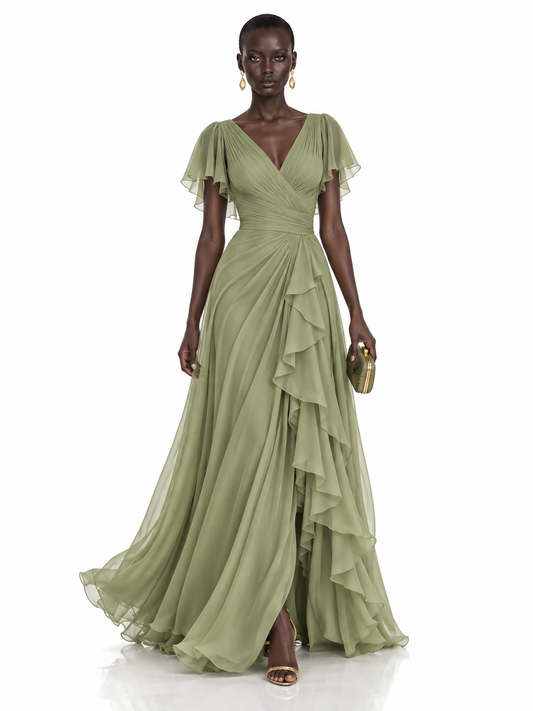 Sage Green Chiffon Ruffle High Low Maxi Dress