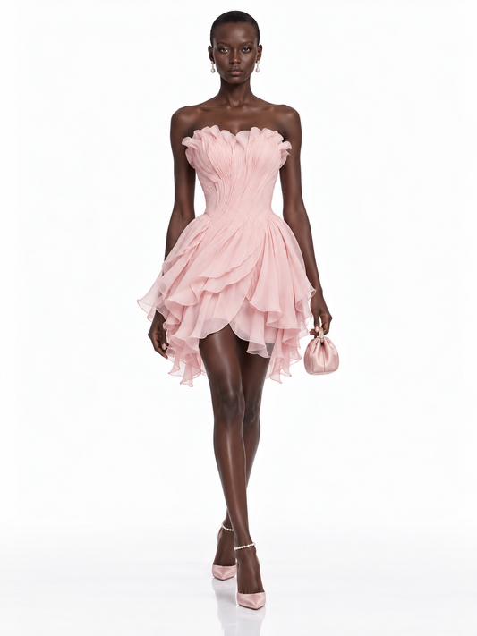 Pink Chiffon Ruffle Strapless Mini Dress