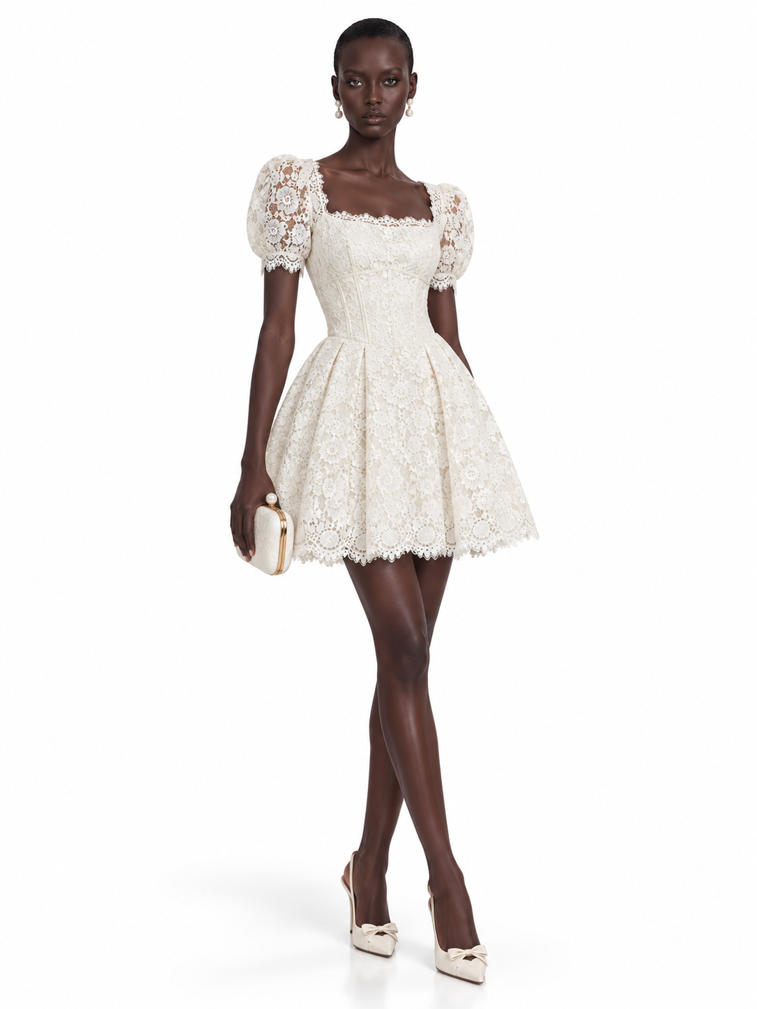 Cream Lace Short Sleeve Mini Dress
