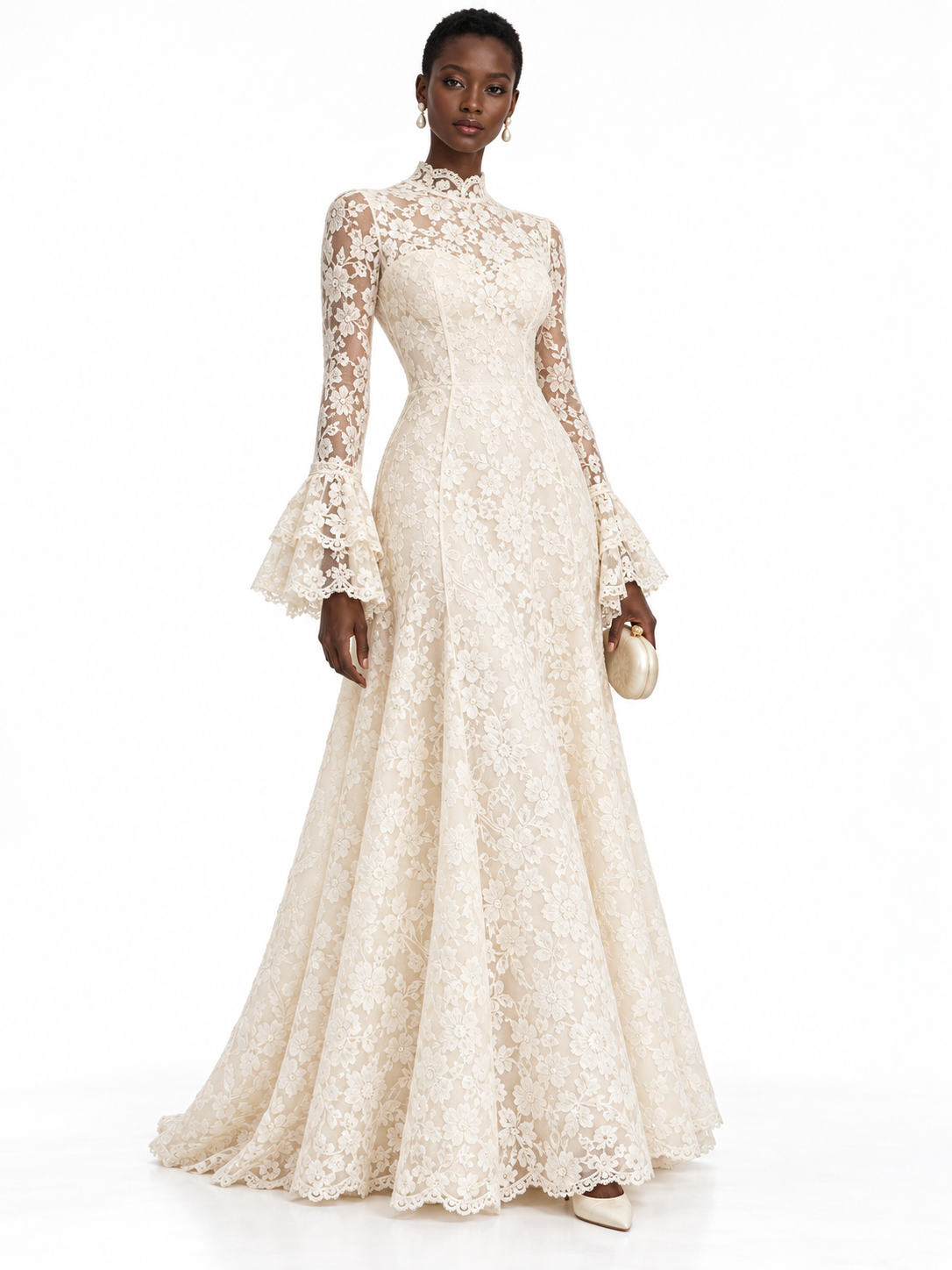 Cream Lace Bell Sleeve A-Line Maxi Dress