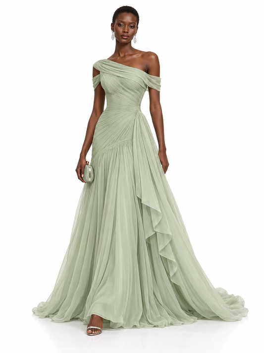 Sage Green One Shoulder Draped Maxi Dress