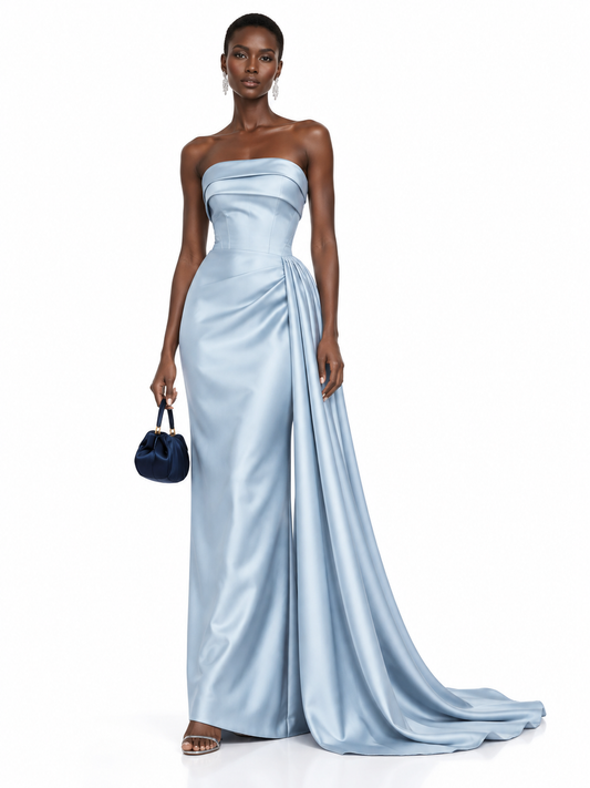 LightBlue Satin Strapless Draped Maxi Dress
