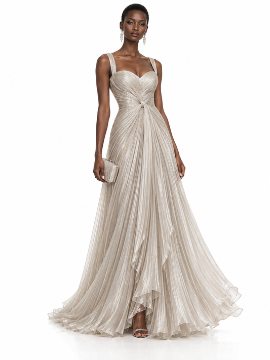 Cream Satin Sweetheart Plisse Maxi Dress