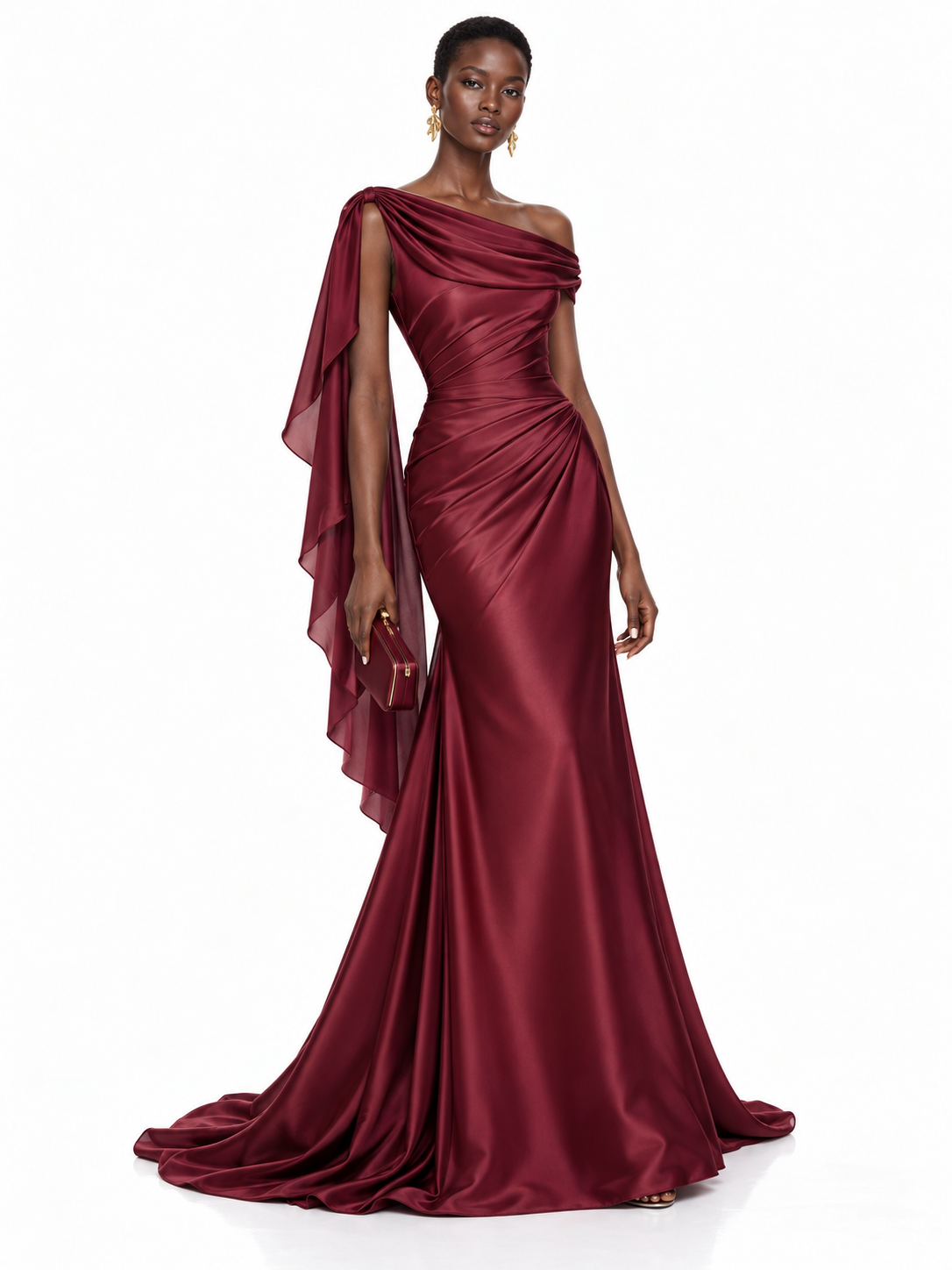Burgundy Satin One Shoulder Draped Maxi Dress