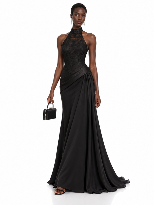 Black Lace Halter Draped Maxi Dress