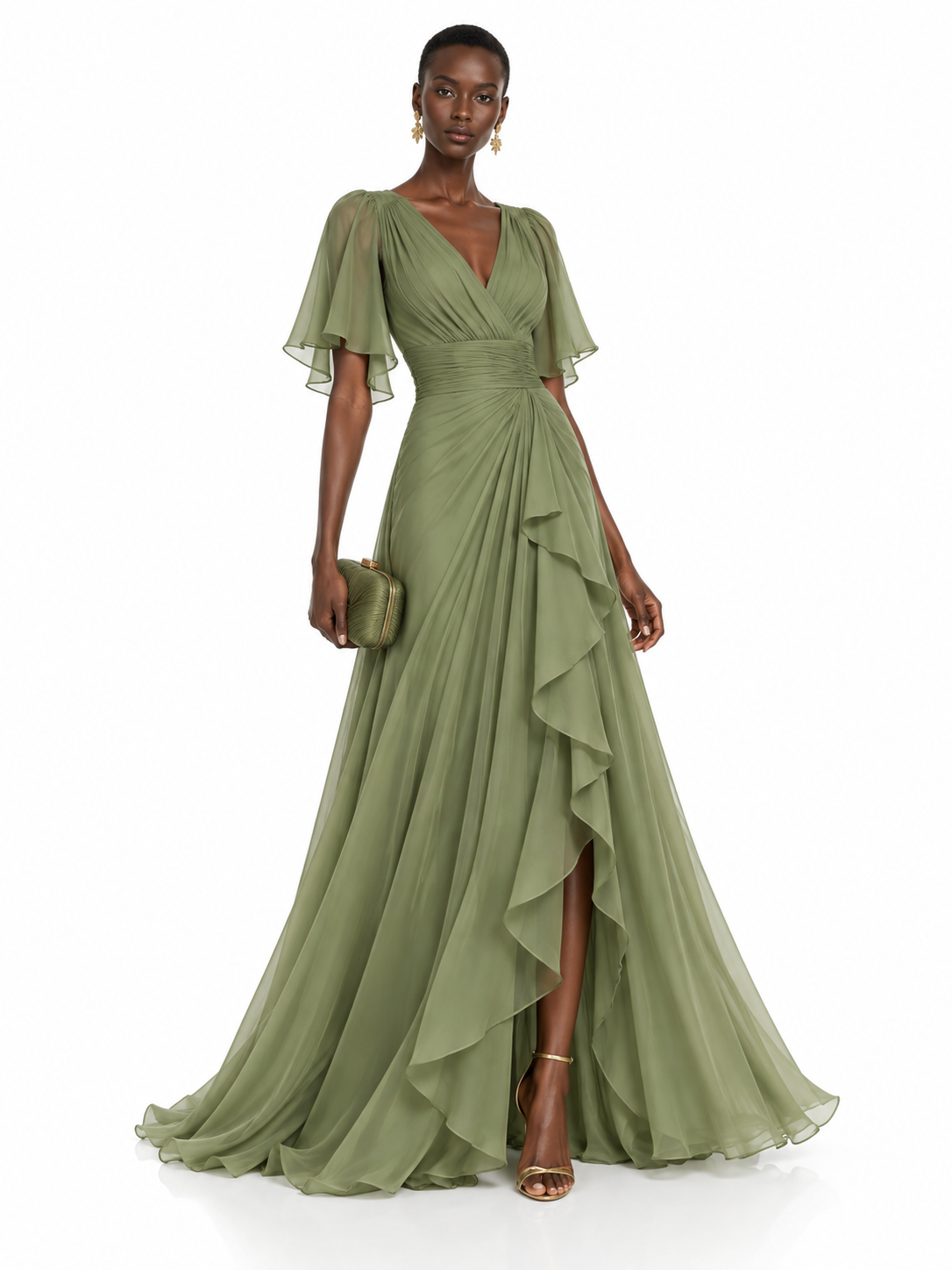 Sage Green V-Neck Ruffle High Slit Maxi Dress