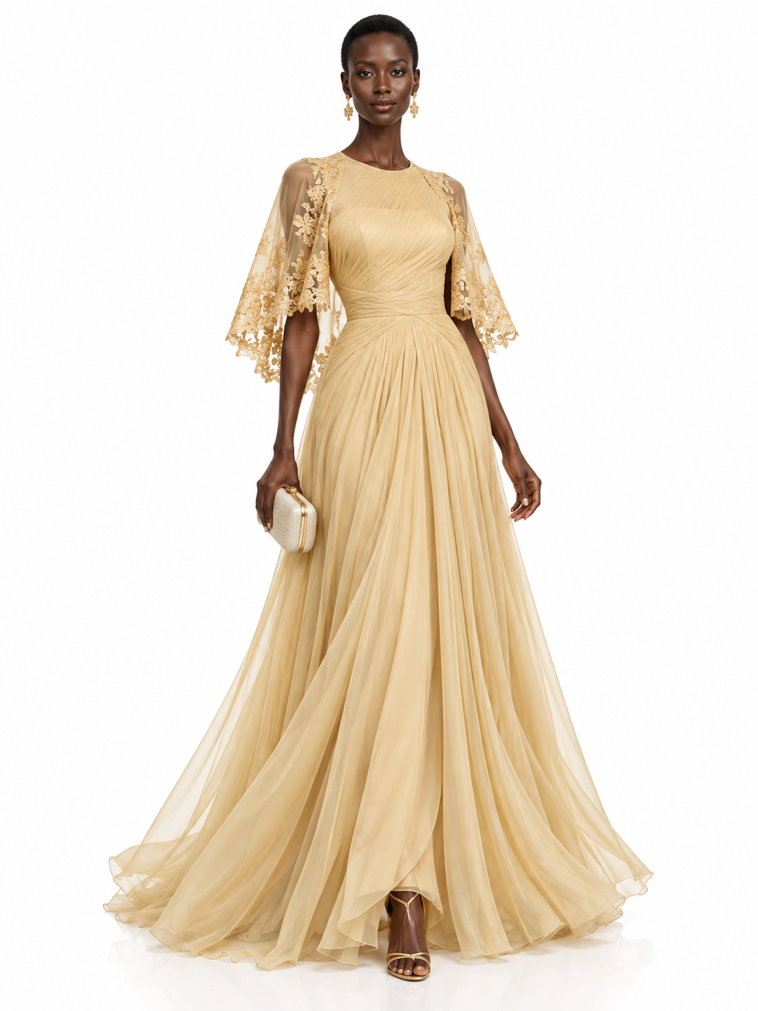 Champagne Lace Trim Bell Sleeve Maxi Dress