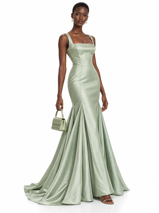 Sage Green Satin Square Neck Mermaid Maxi Dress