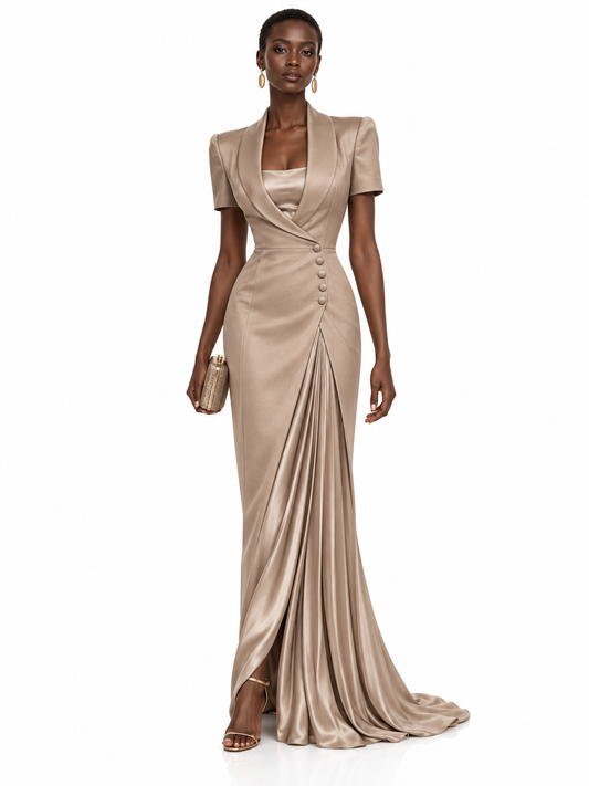 Champagne Satin Draped Wide Leg Maxi Dress