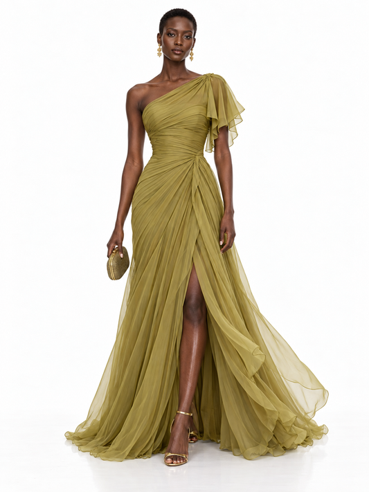 Olive Sheer Ruffle High Slit Maxi Dress