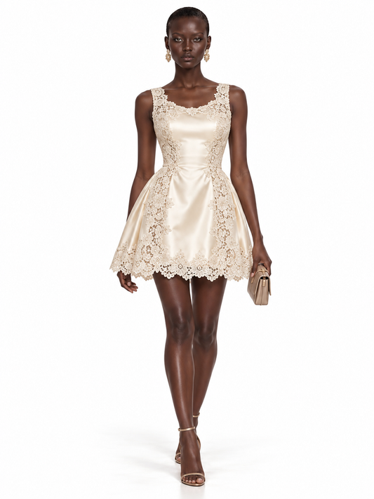 Cream Satin Lace Trim Sleeveless Mini Dress