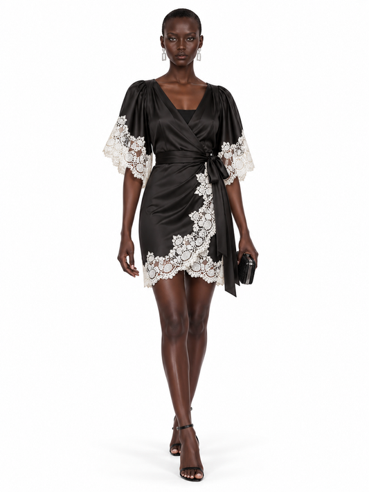 Black Satin Lace Trim Wrap Mini Dress