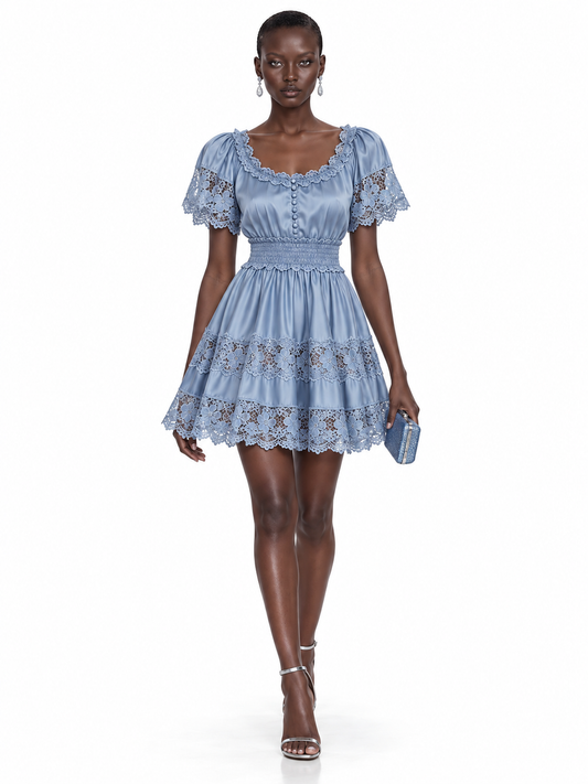 LightBlue Satin Lace Trim Short Sleeve Mini Dress