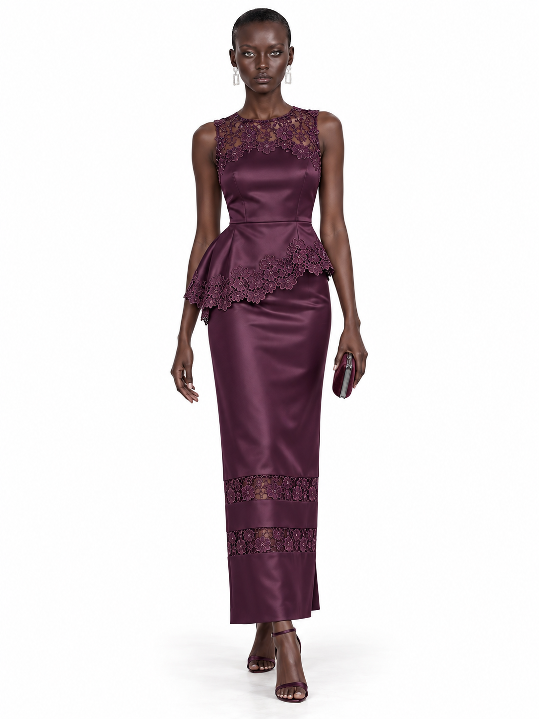 Plum Satin Lace Trim Sleeveless Top and Long Skirt Set