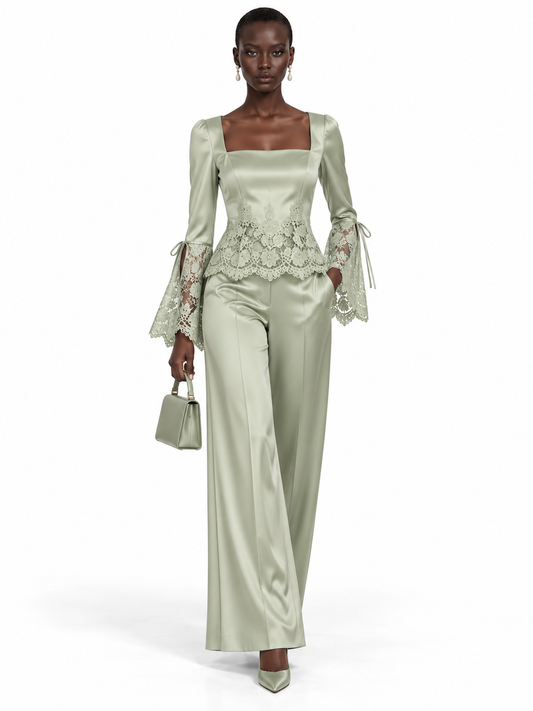 SageGreen Satin Lace Trim Long Sleeve Top and Pants Set