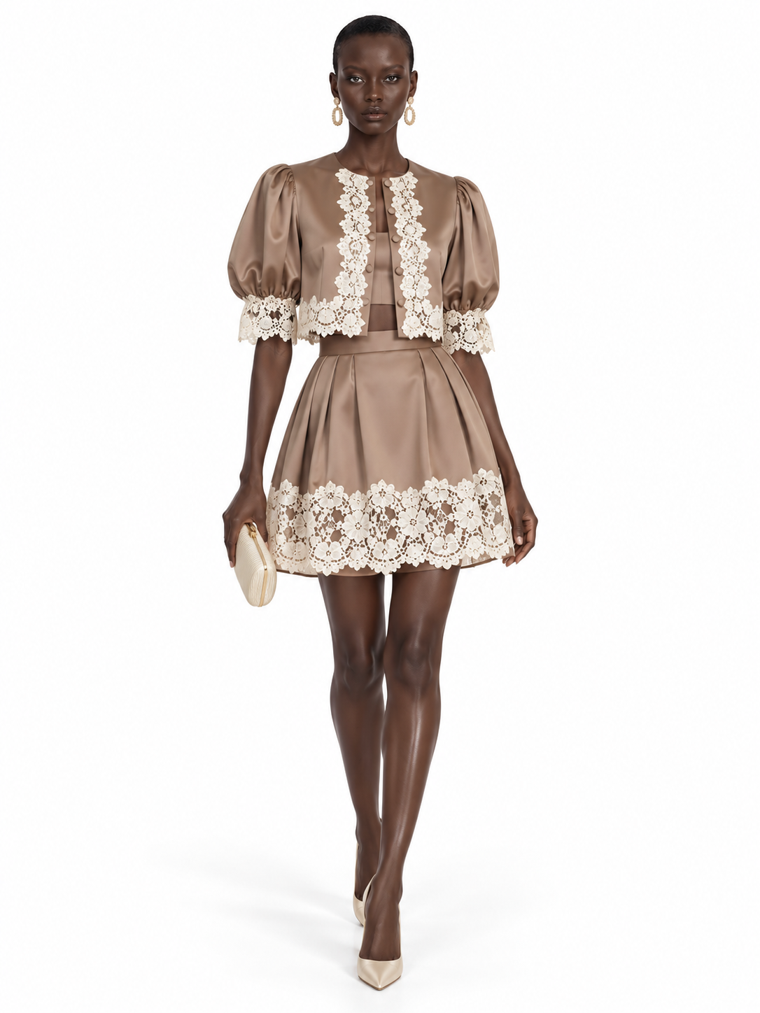 Taupe Satin Lace Trim Puff Sleeve Jacket and Skirt Set