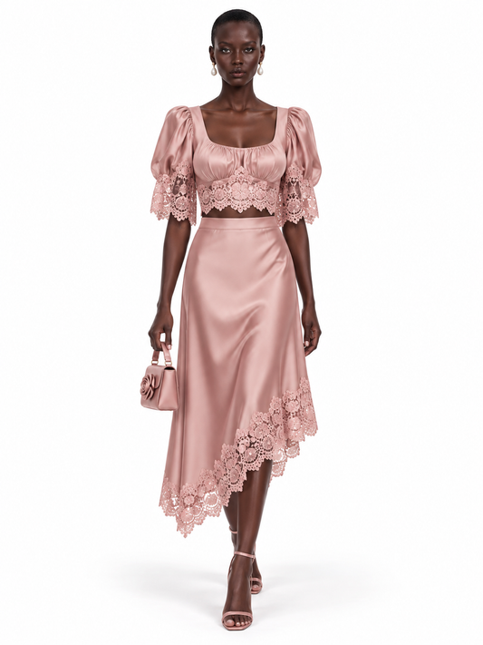 Pink Satin Lace Trim Puff Sleeve Top and Midi Skirt Set