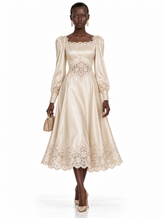Champagne Satin Lace Trim Long Sleeve Midi Dress