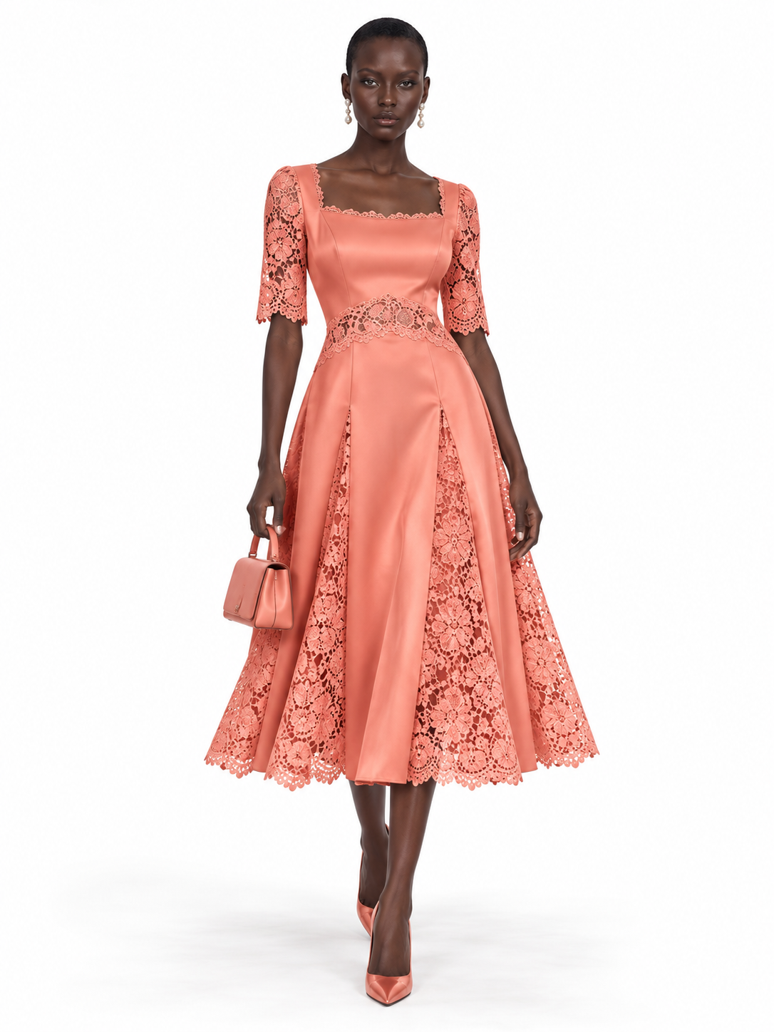 Coral Satin Lace Trim Short Sleeve Midi Dress