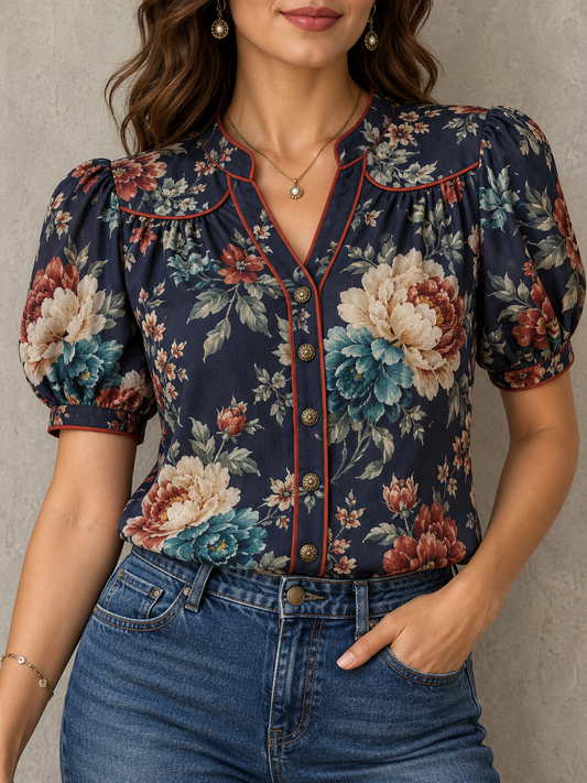 Navy Floral Print Piping Detail Short Sleeve Blouse