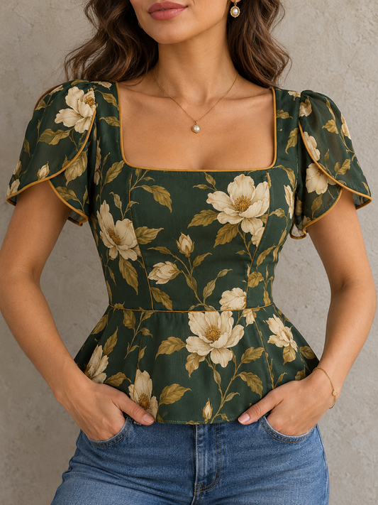 DarkGreen Floral Print Square Neck Peplum Top