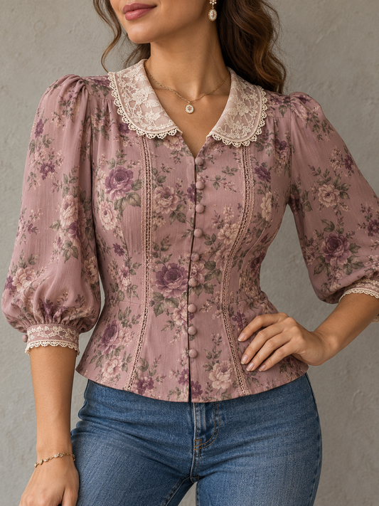 DustyPink Floral Print Lace Collar Long Sleeve Blouse